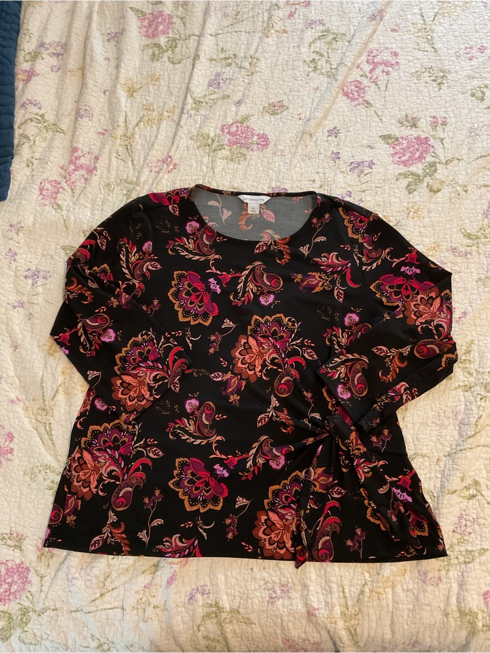 Liz Claiborne Black Floral Top with Faux Wrap Side Tie - Pink & Orange